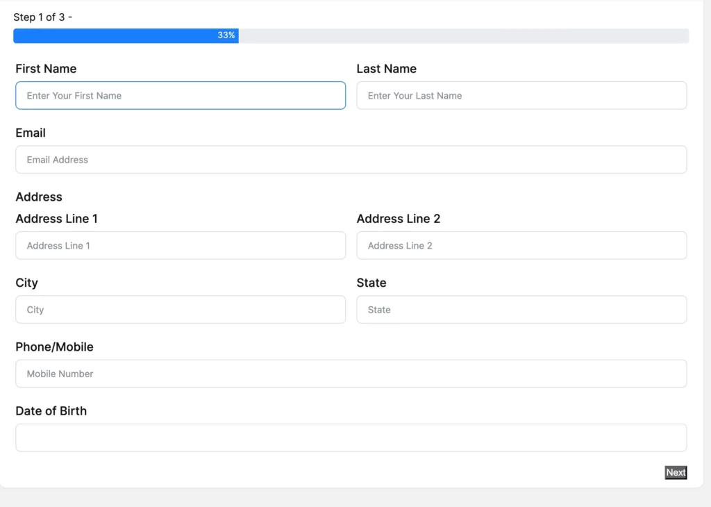 Multi-step job application form preview on Fluent Forms.