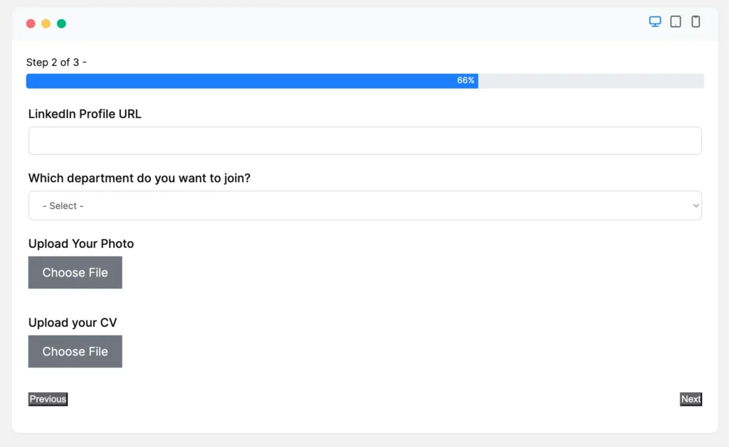 Multi-step job application form preview on Fluent Forms.