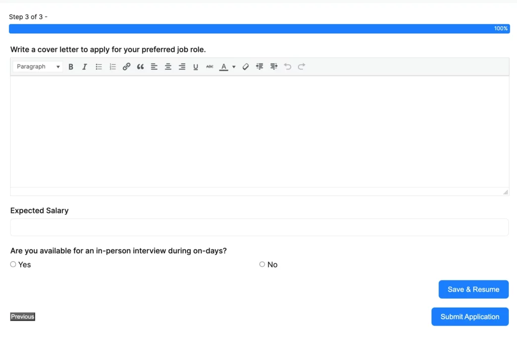 Multi-step job application form preview on Fluent Forms.