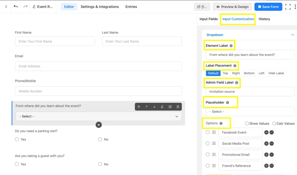 Customize Fluent Forms input fields and change Element Label, Label Placement, Admin Field Label, Placeholder, etc.