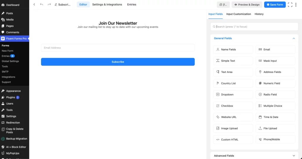 Newsletter subscription form WordPress