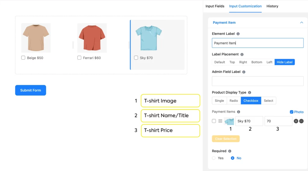 Take a payment item input field for each t-shirt