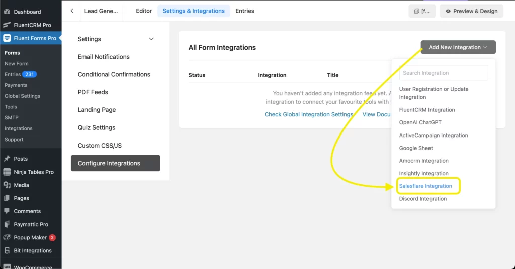 Select Salesflare Integration from Fluent Forms dropdown to connect CRM with WordPress form