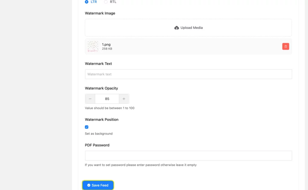 add watermark and password to PDF feed