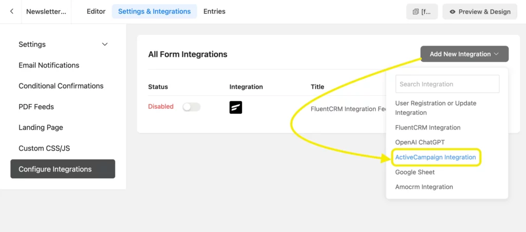 Fluent Forms form integration settings with ActiveCampaign selected from dropdown to enable automation.