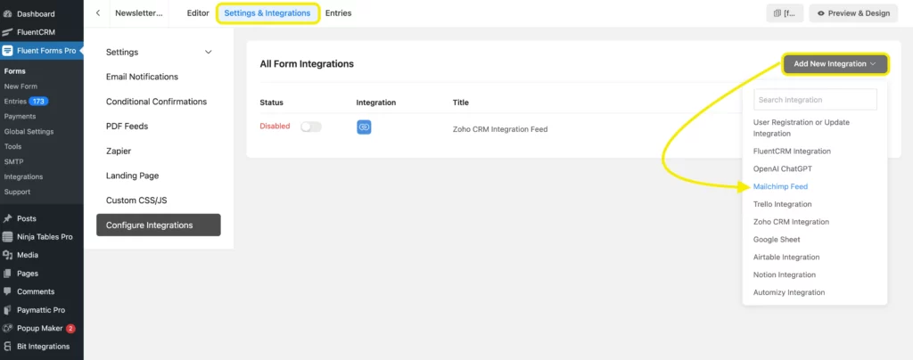 Fluent Forms WordPress form- Add New Integration