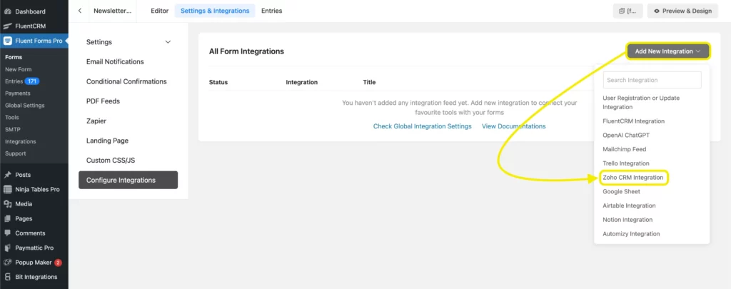Add new Integration- Fluent Forms and Zoho CRM