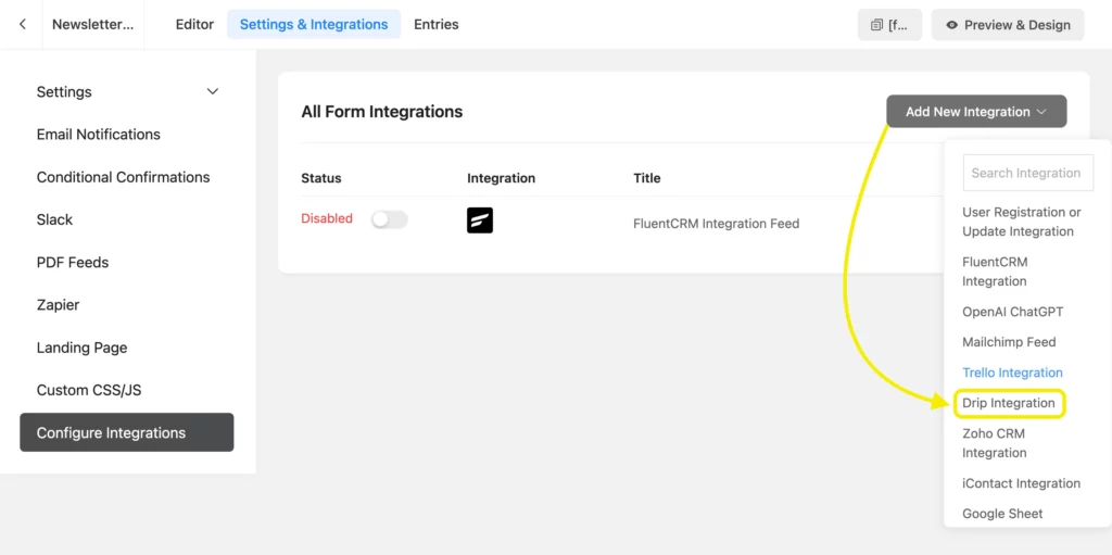 Add Integration- Drip integration Fluent Forms