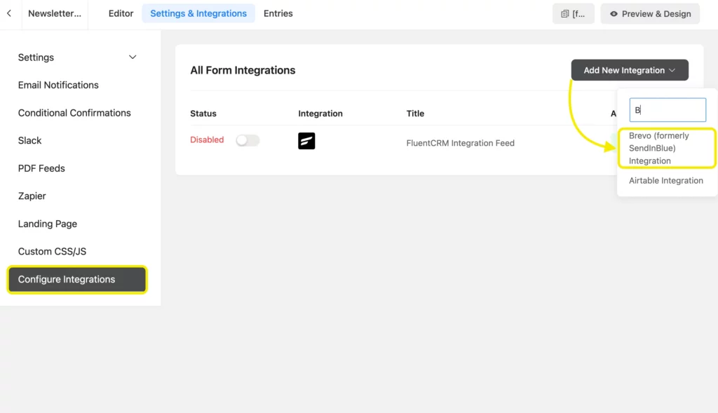 Add New Integration- Fluent Forms Dashboard WordPress