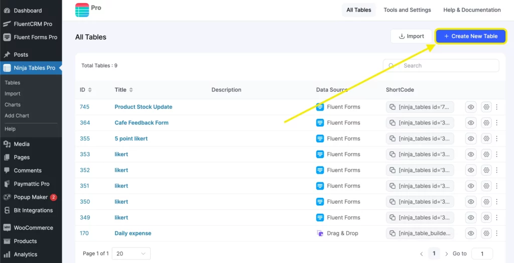 Ninja Tables Pro screenshot showing Create New Table button to build a table from Fluent Forms entries in WordPress