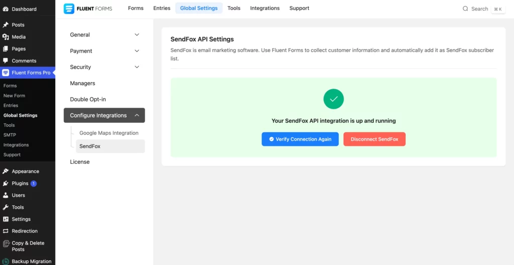 SendFox API connected