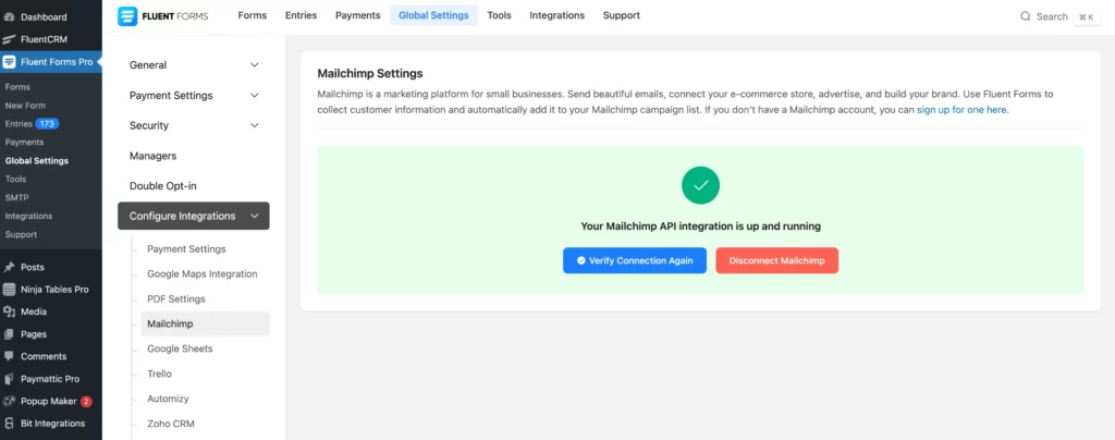 Mailchimp WordPress Form- Fluent Forms integration up and running