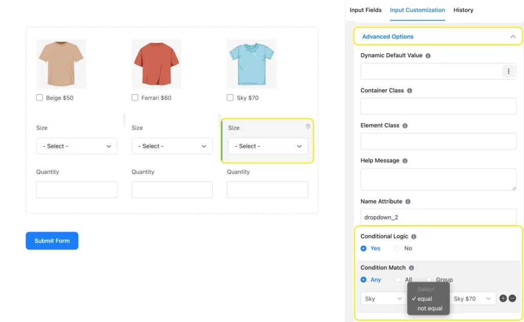 apply conditional logic to hide/show product size field