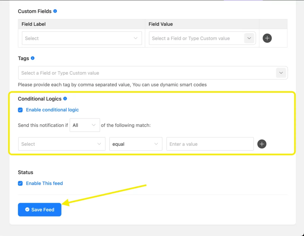 Enable conditional logic for Salesflare integration in Fluent Forms and save the feed