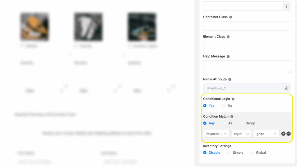 conditional logic to hide size field unless product is selected Fluent Forms