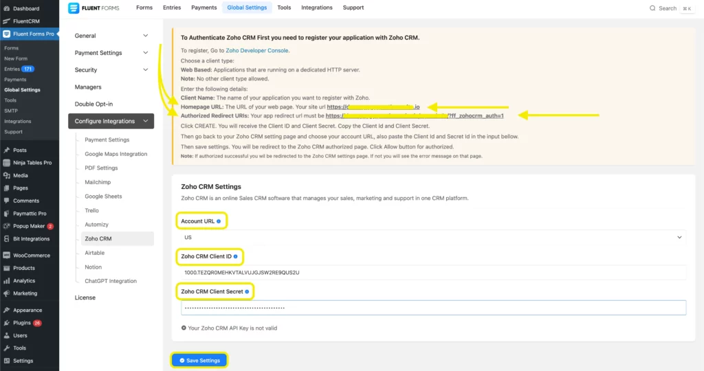 Fluent Forms- Global Settings- ZohoCRM API