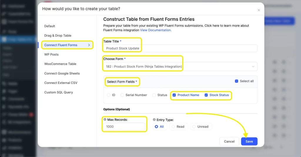 Construct table from Fluent Forms entries dialog selecting Product Name and Stock Status fields in Ninja Tables Pro