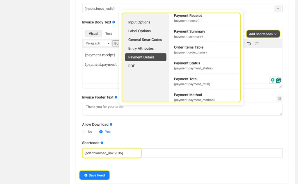 copy PDF shortcode that generates download link automatically