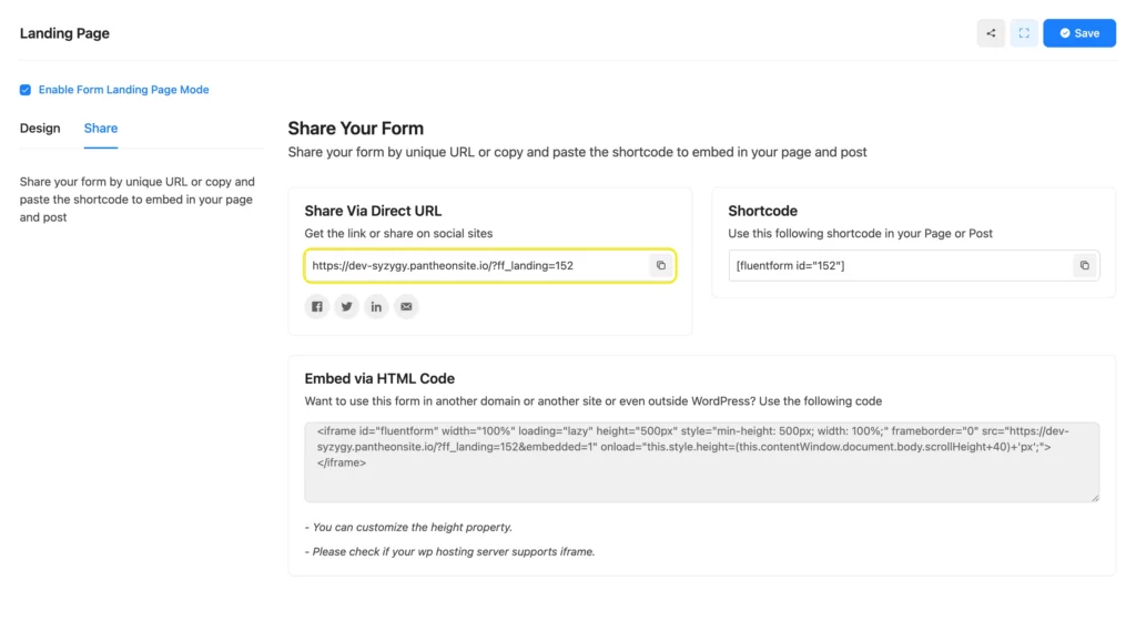 copy the custom landing page's URL