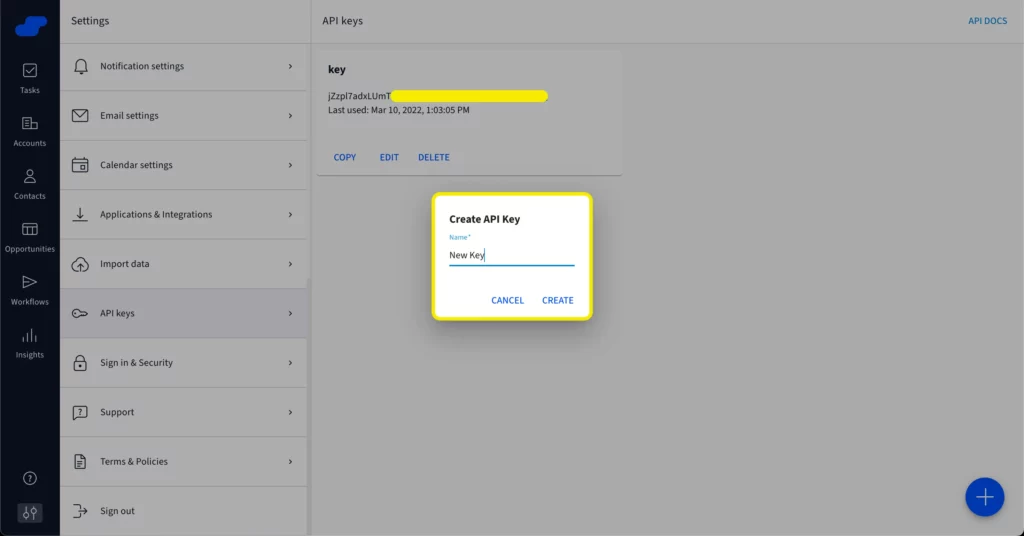 Create new API key in Salesflare settings for Fluent Forms integration