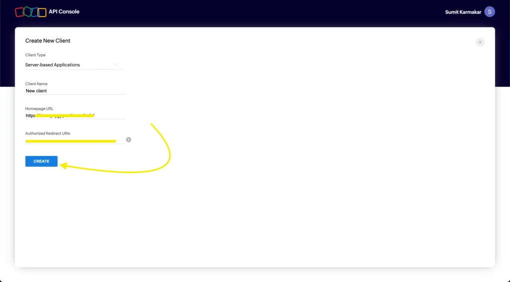 Create New Client- API console Zoho CRM