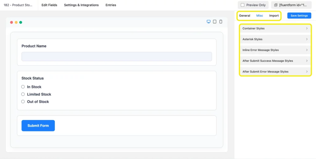 Fluent Forms editor showing Product Name and Stock Status fields with style panels for container and messages