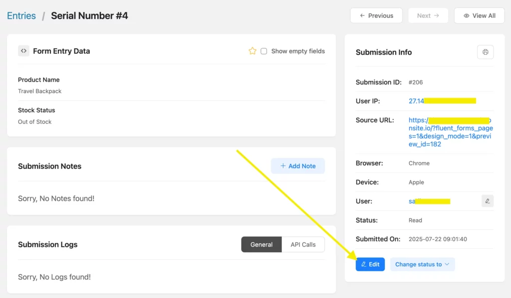Fluent Forms entry detail view displaying submitted Product Name and Stock Status with Edit option highlighted.
