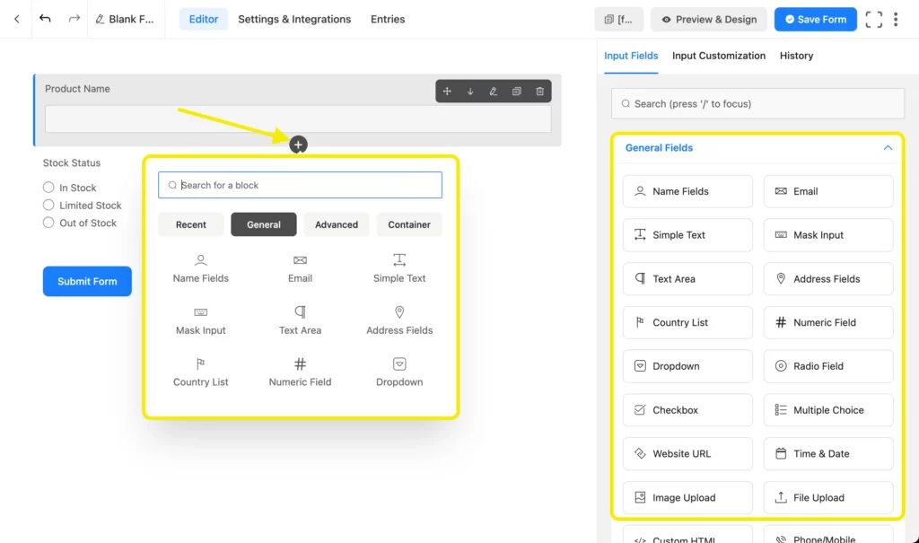 Fluent Forms block editor with plus icon open to add fields to the Product Stock form