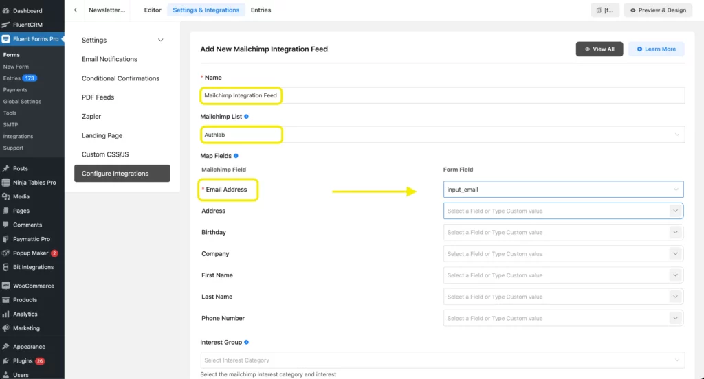 Fluent Forms Mailchimp WordPress feed