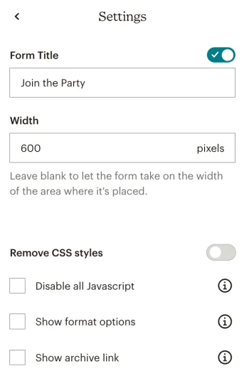 Mailchimp embedded signup form settings