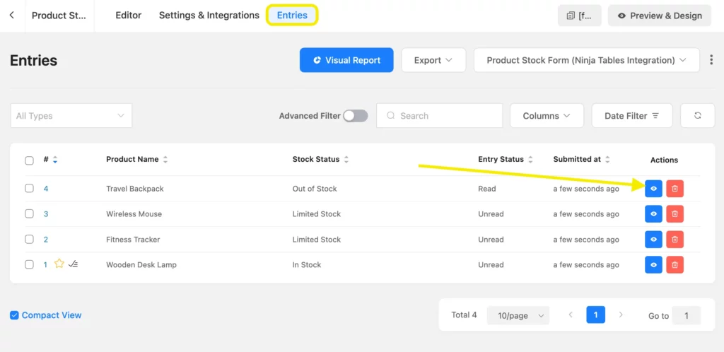 Fluent Forms entries screen listing submitted products and their stock status with view and delete actions