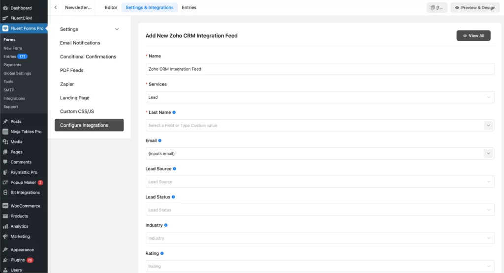 Zoho CRM Integration feed with Fluent Forms