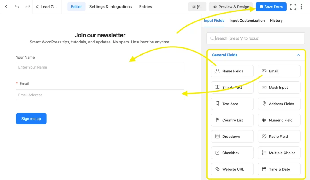 Newsletter form building with Name Field, Email Field- Fluent Forms