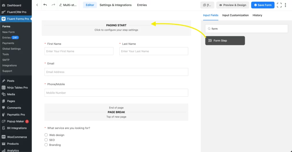 Form-step input field in Fluent Forms