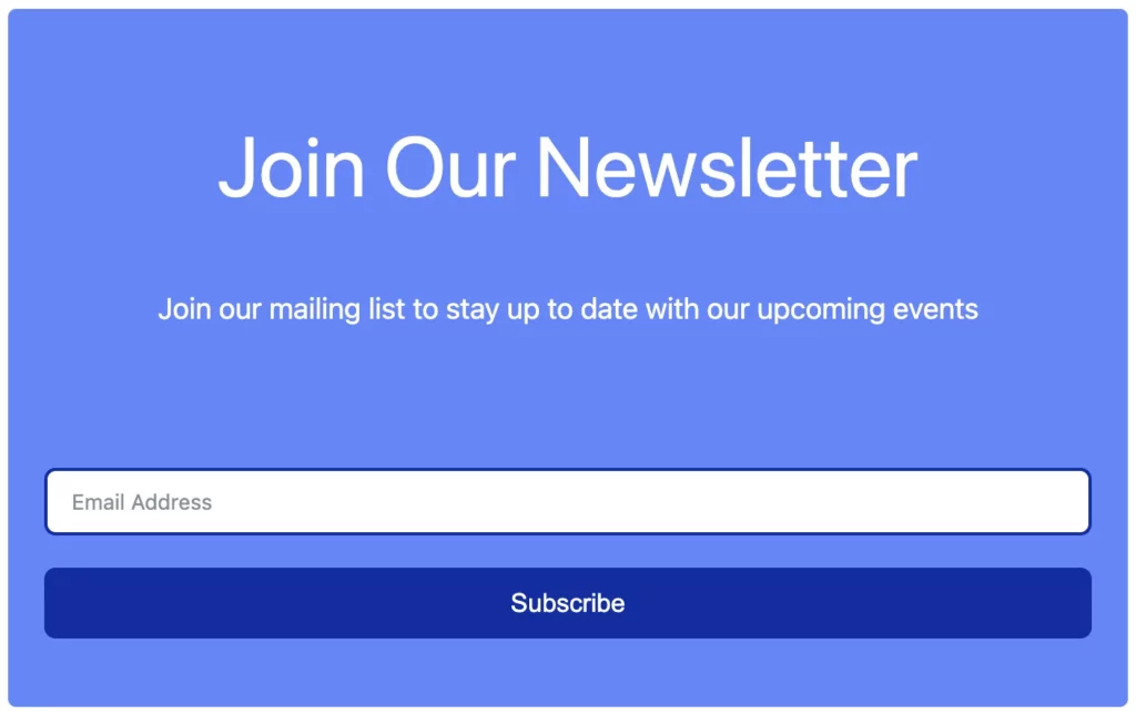 Email newsletter form for email list