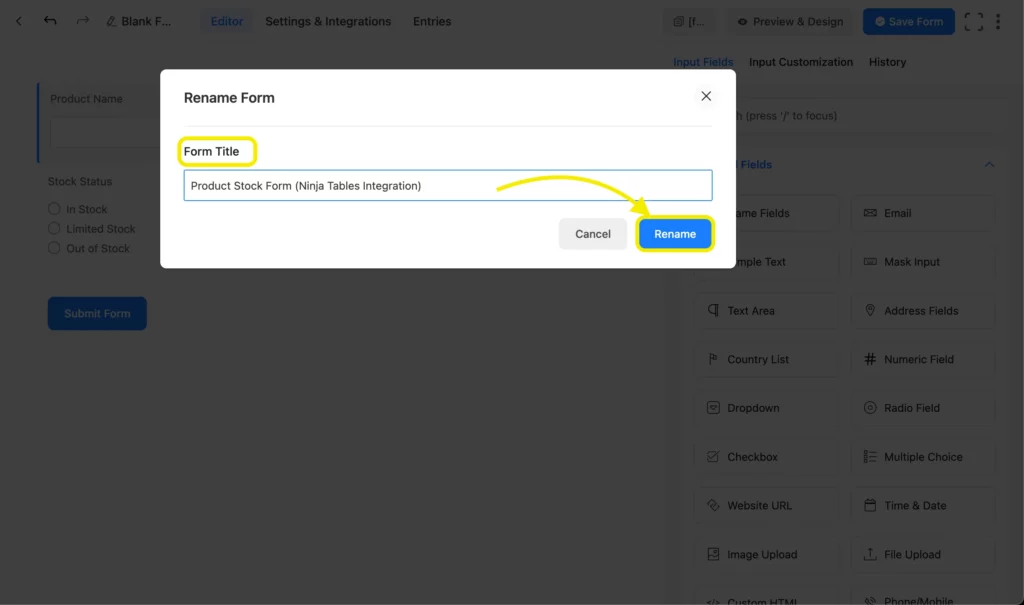 Rename Form modal in Fluent Forms to label the Product Stock form for Ninja Tables integration