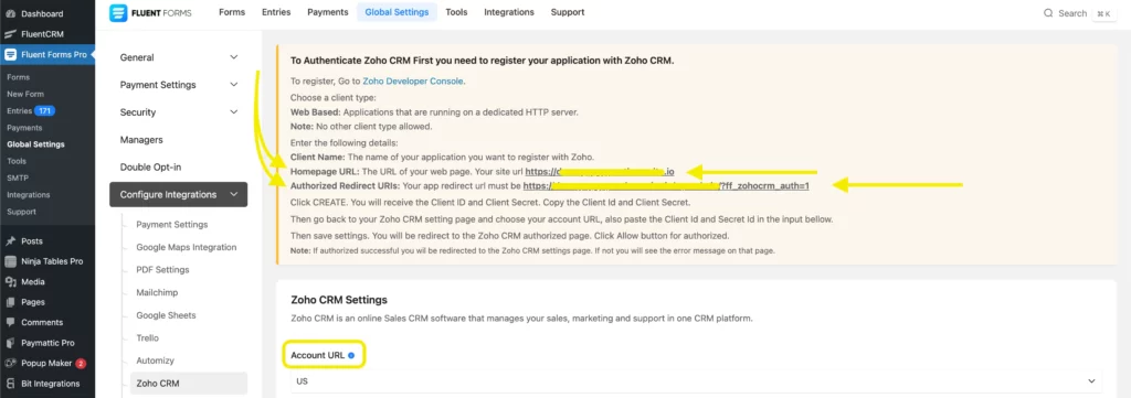 Homepage URL and Authorized Redirect URL- Zoho CRM