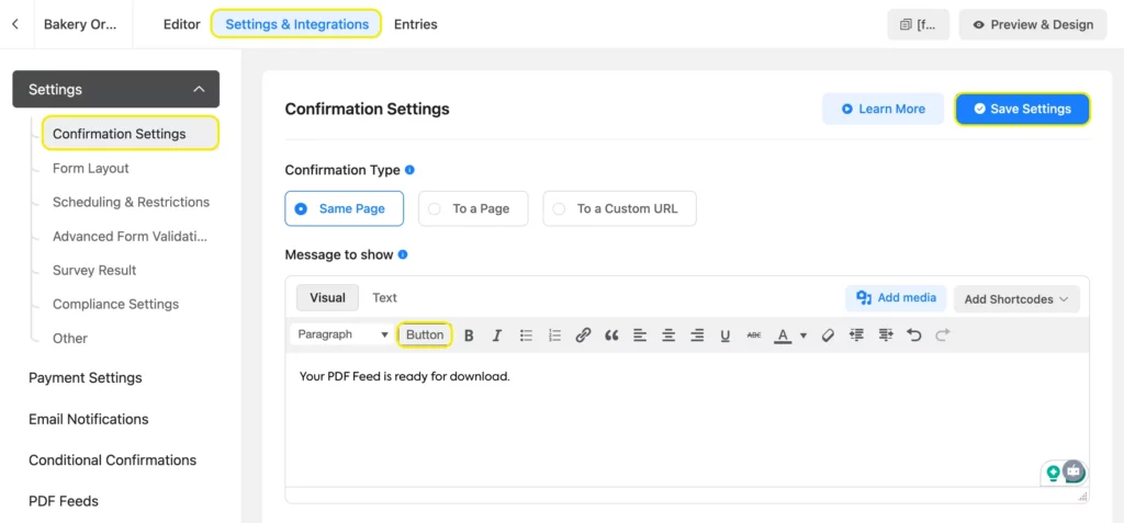 how to share PDF download link with the form's confirmation message