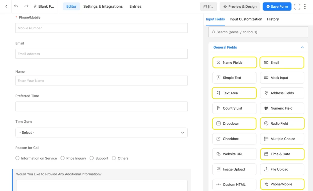 input fields for callback form