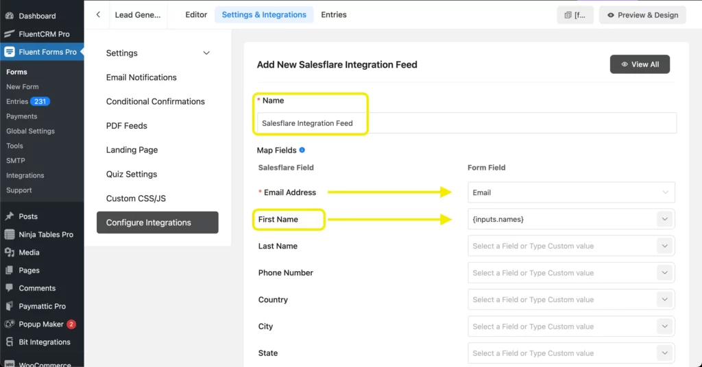 Map WordPress form fields to Salesflare contact fields in Fluent Forms integration settings