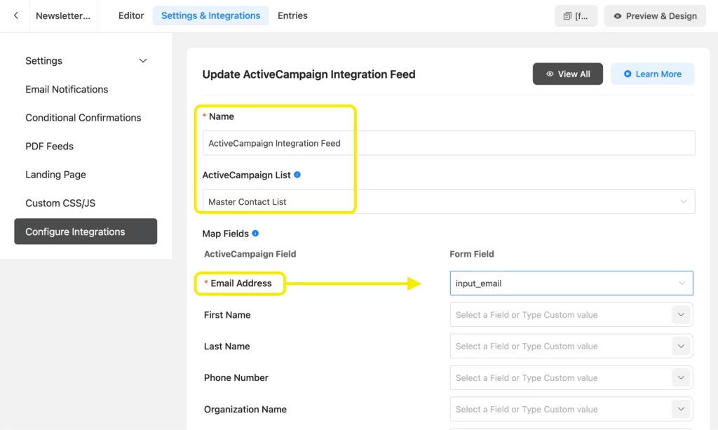 Field mapping section in Fluent Forms to connect form inputs like email with corresponding ActiveCampaign fields
