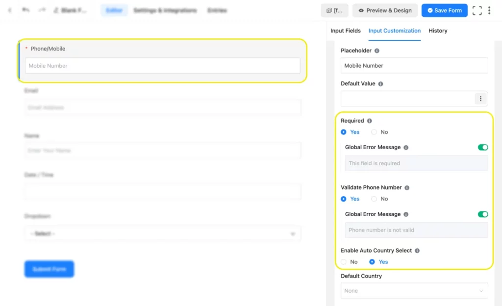 phone/mobile field Fluent Forms