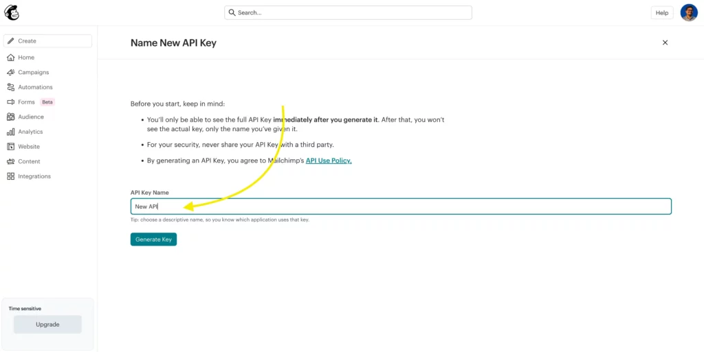 Mailchimp New API Key Name
