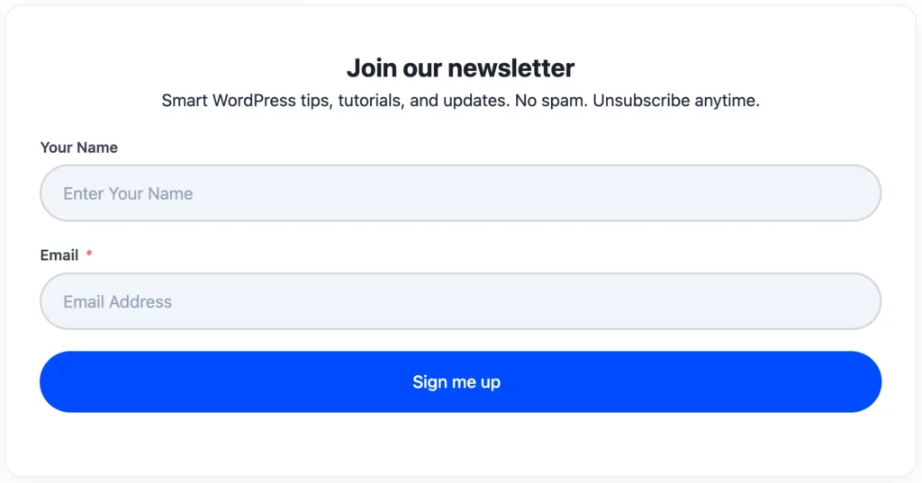 Newsletter-form created with Fluent Forms