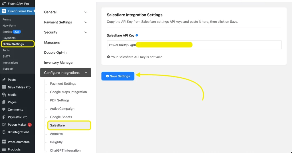 Paste and save Salesflare API key in Fluent Forms global integration settings for CRM connection