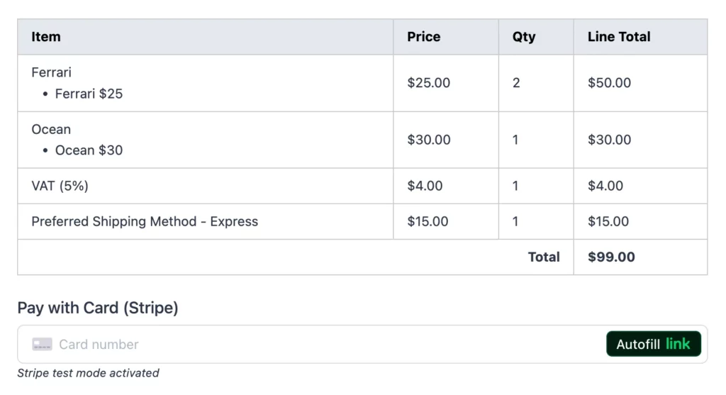 payment summary Fluent Forms