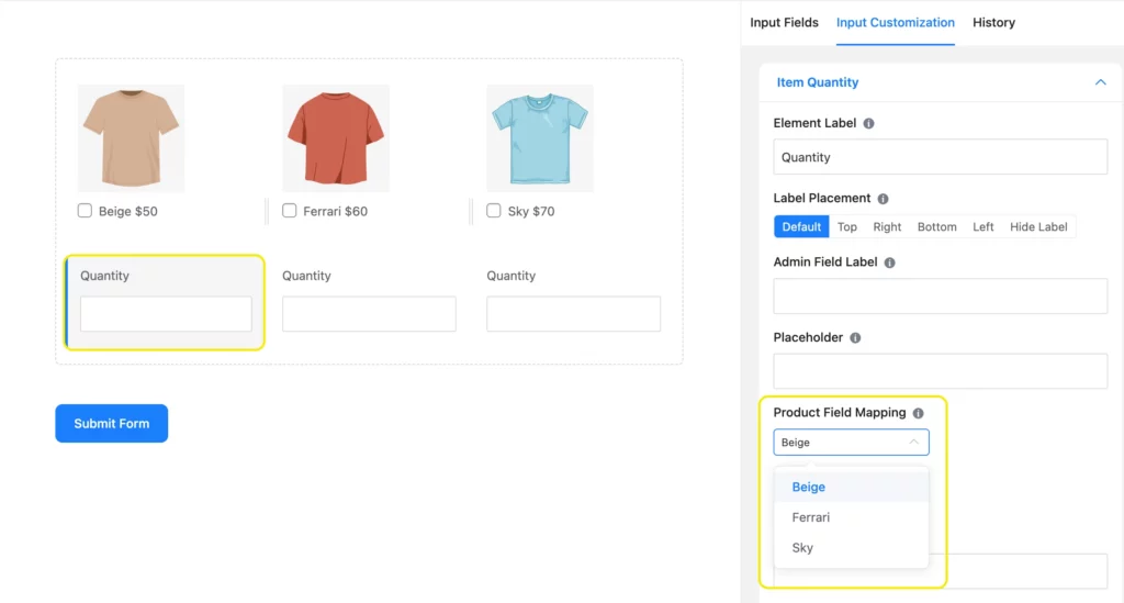 product field mapping of item quantity field