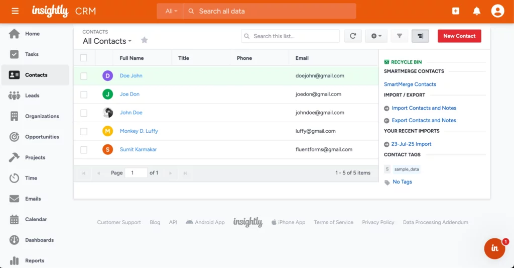 All contacts section- Insightly integration for WordPress