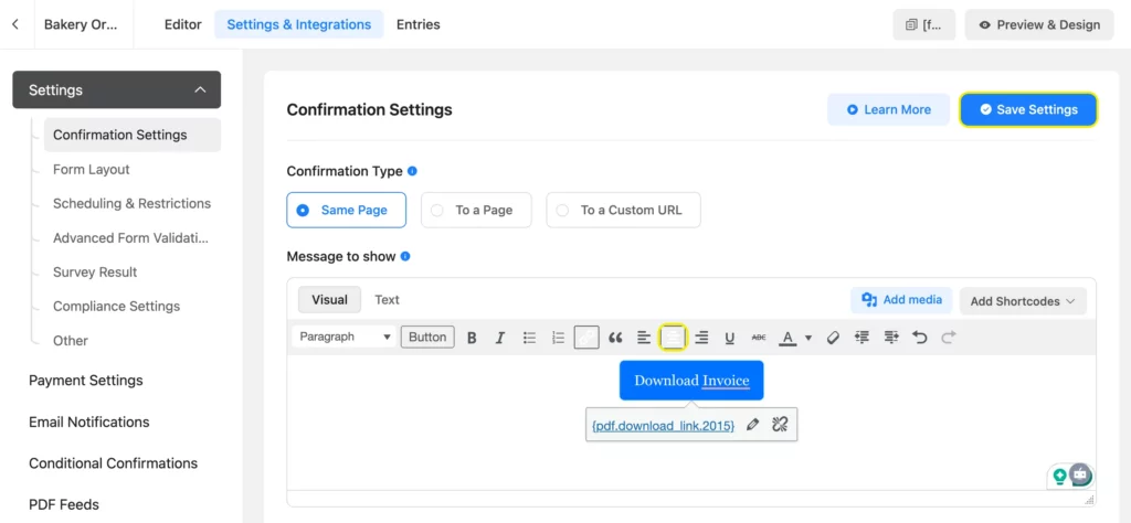 save confirmation message settings