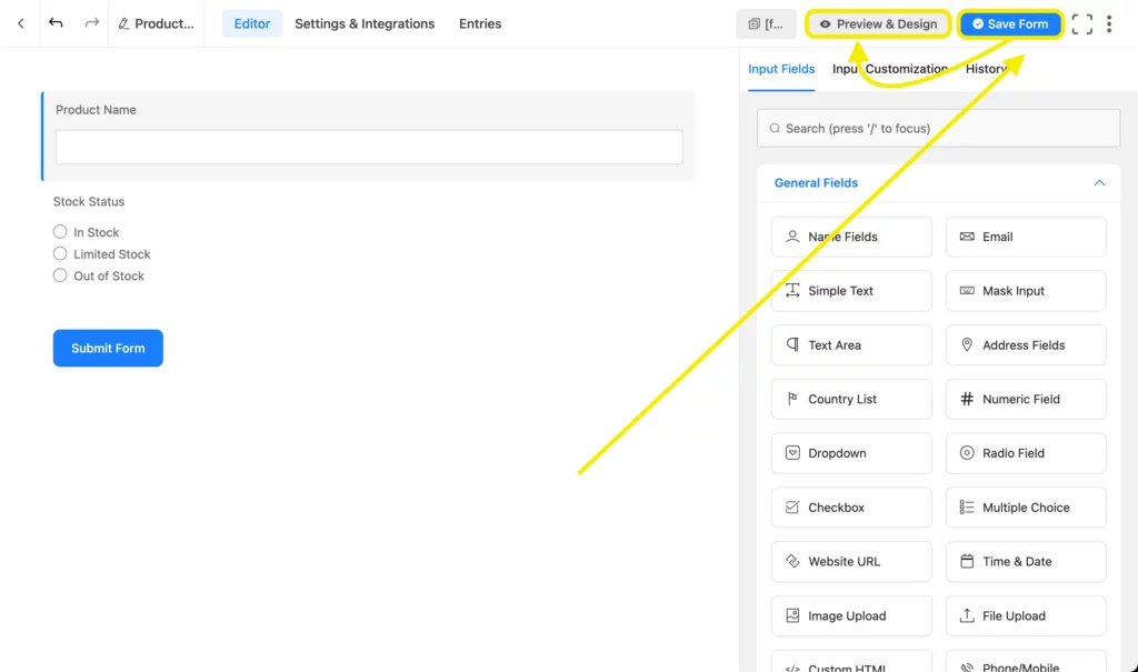 Fluent Forms editor showing Save Form and Preview and Design controls for the Product Stock form